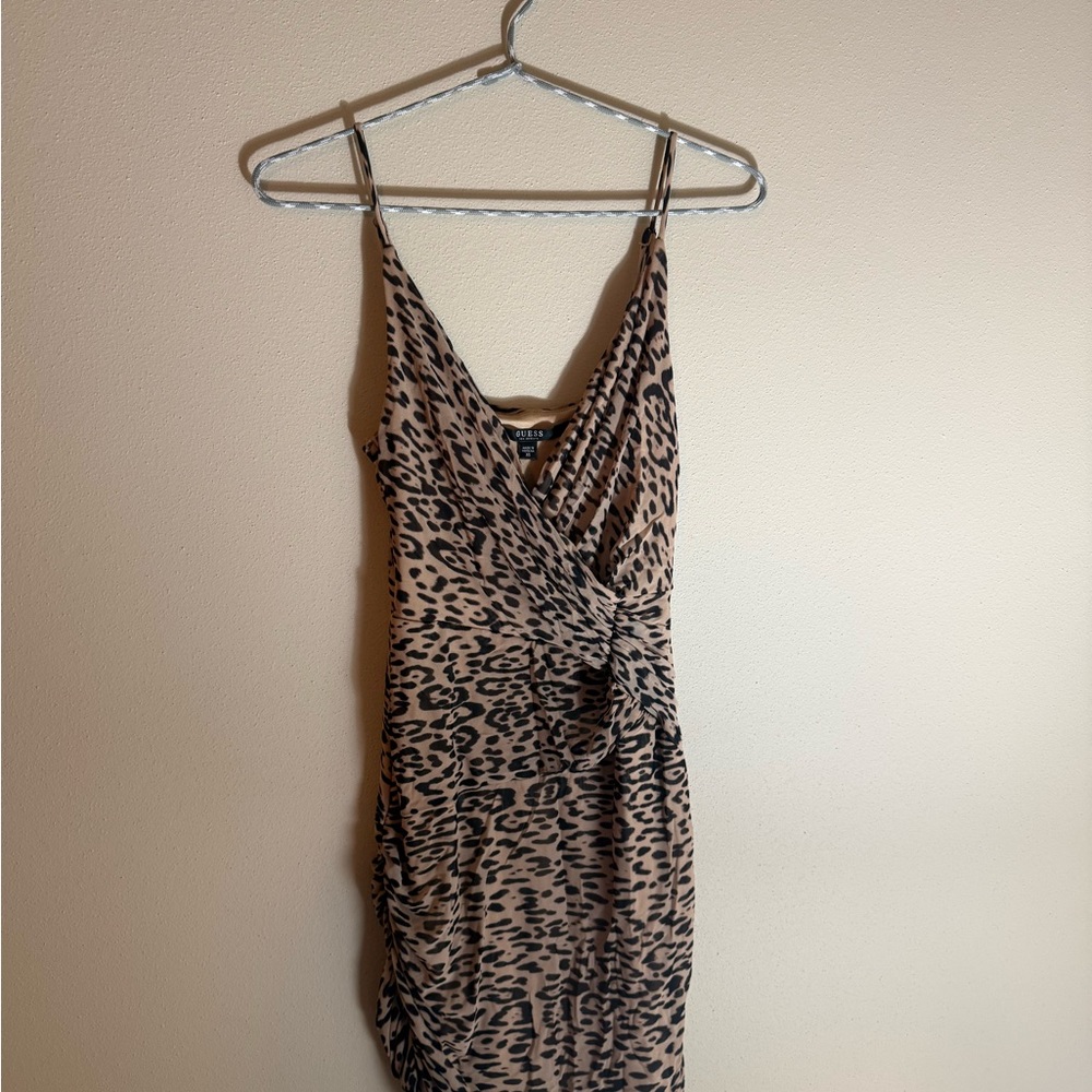 GUESS Tan and Black Leopard-Print Slip Dress